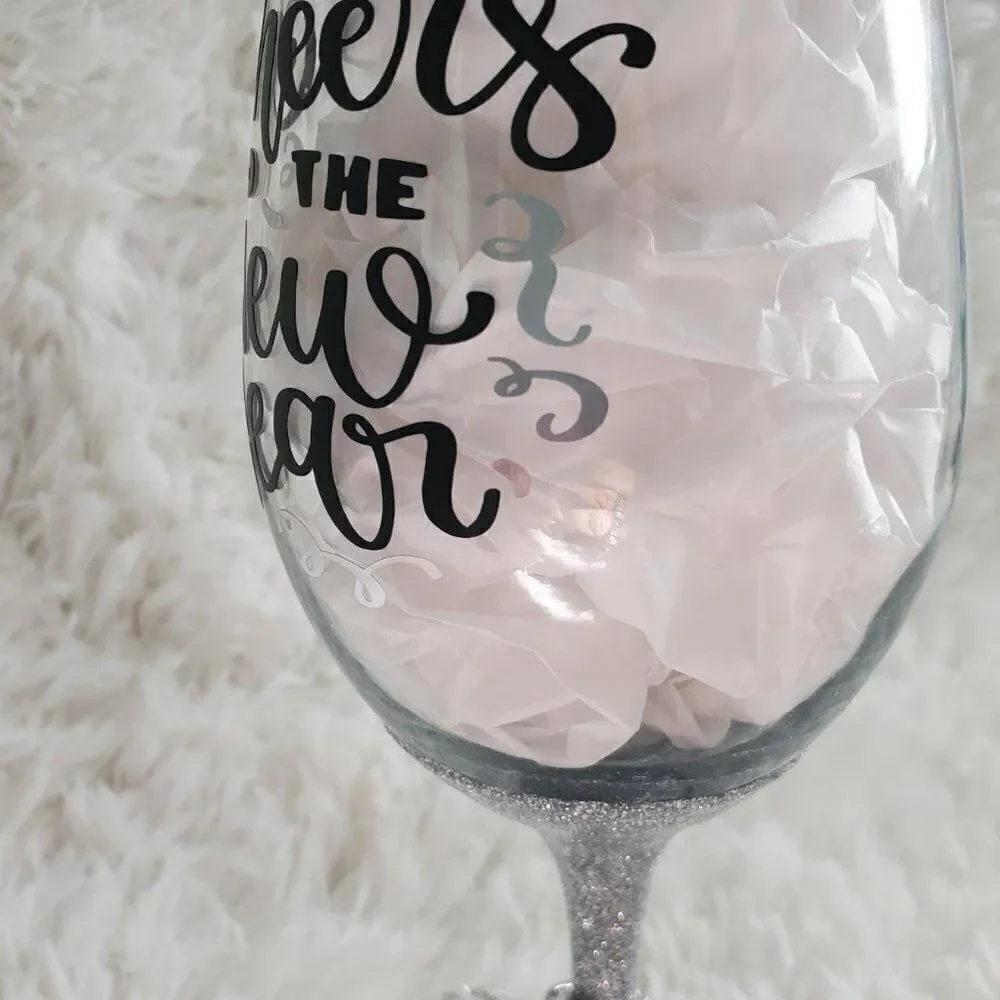 Cheers To The New Year, New Year's Silver Glittered Stemmed Wine Glass